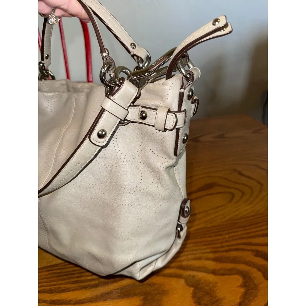 Coach Perforated Signature Leather Shoulder Bag Off White Silver Hardware Hobo